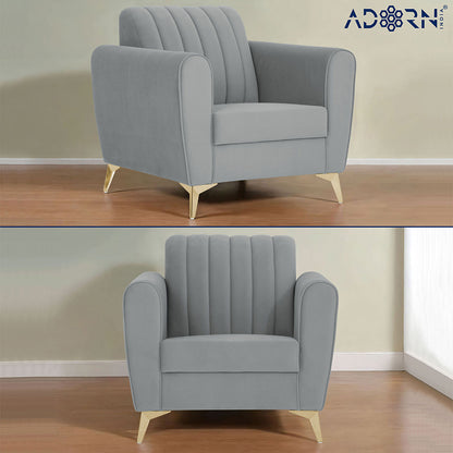 Adorn India Premium Luster 3+1+1 Sofa Set | Velvet Suede Fabric | 3-Year Warranty | Color Grey with Golden Legs & Striped Pattern Cushion