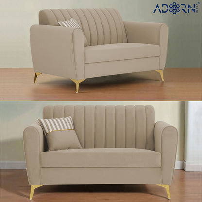Adorn India Premium Luster 2 Seater | Velvet Suede Fabric | 3-Year Warranty | Color Beige with Golden Legs & Striped Pattern Cushion
