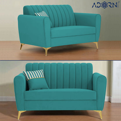 Adorn India Premium Luster 2 Seater | Velvet Suede Fabric | 3-Year Warranty | Color Aqua Blue with Golden Legs & Striped Pattern Cushion