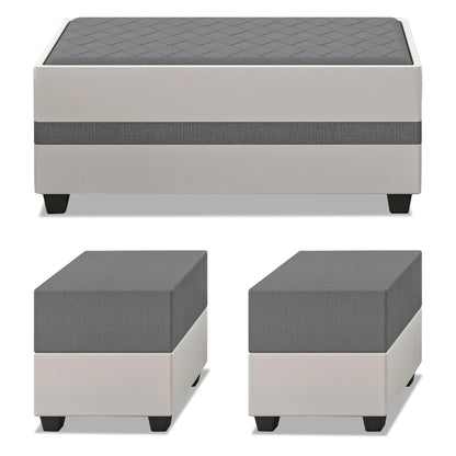 Adorn India Ashley Digitel Print Leatherette Fabric L Shape 8 Seater Sofa Set with 2 Ottoman Puffy & Center Table RHS (Grey & White) (3 Year Warranty)