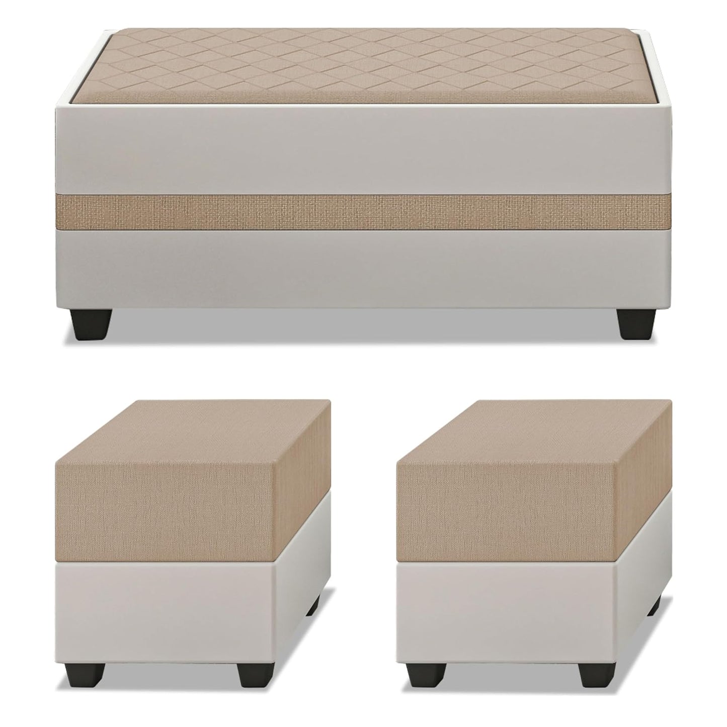 Adorn India Ashley Digitel Print Leatherette Fabric L Shape 8 Seater Sofa Set with 2 Ottoman Puffy & Center Table RHS (Beige & White) (3 Year Warranty)