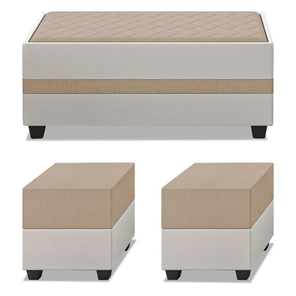 Adorn India Ashley Digitel Print Leatherette Fabric L Shape 8 Seater Sofa Set with 2 Ottoman Puffy & Center Table RHS (Beige & White) (3 Year Warranty)