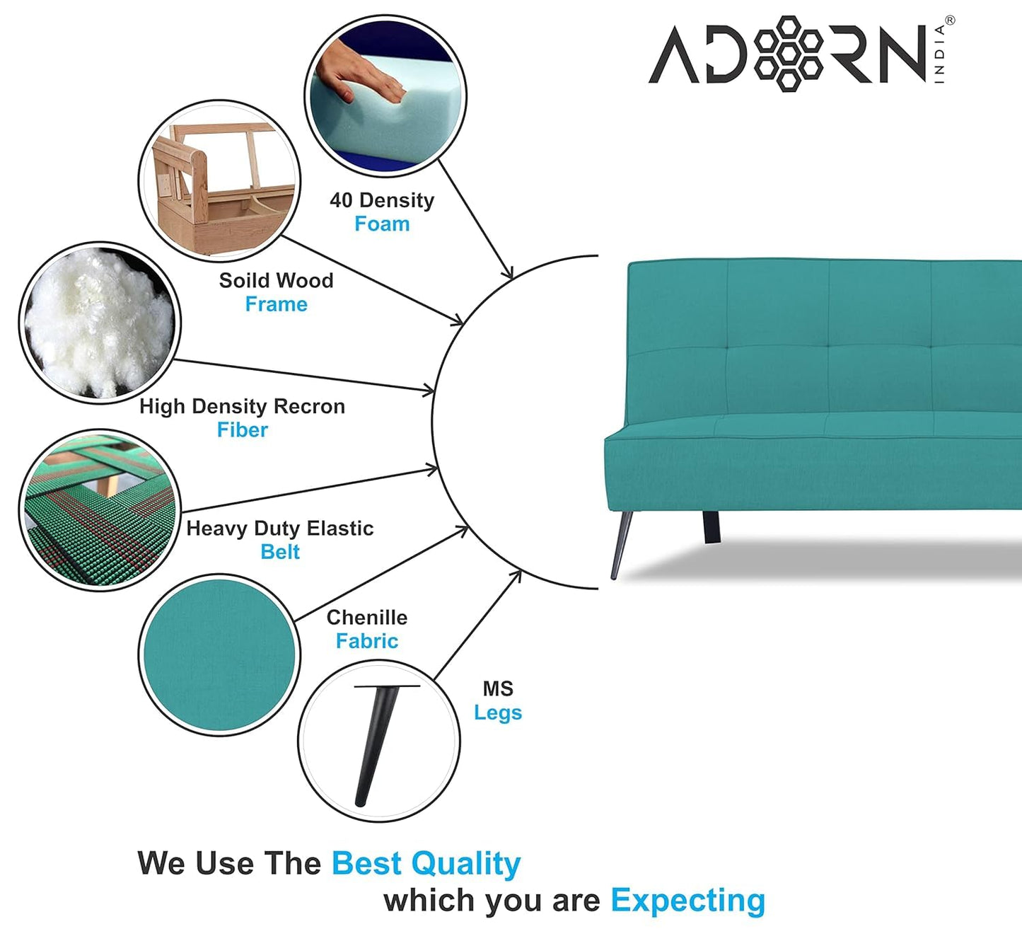 Adorn India Benjamin 3 Seater Sofa Cum Bed (Aqua Blue) (3 Year Warranty)