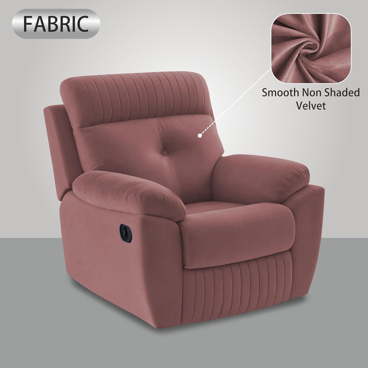 Adorn India Premium Majestic 1 Seater Recliner Manual Sofa Chair | Pink Suede Velvet Fabric | Soft Padded Back Rest & Handrest | Living Room Recliner Chair | 3 Years Warranty