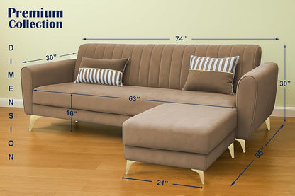 Adorn India Premium Luster 4 Seater L Shape Sofa Set | Velvet Suede Fabric | 3-Year Warranty | Color Camel with Golden Legs & Striped Pattern Cushion