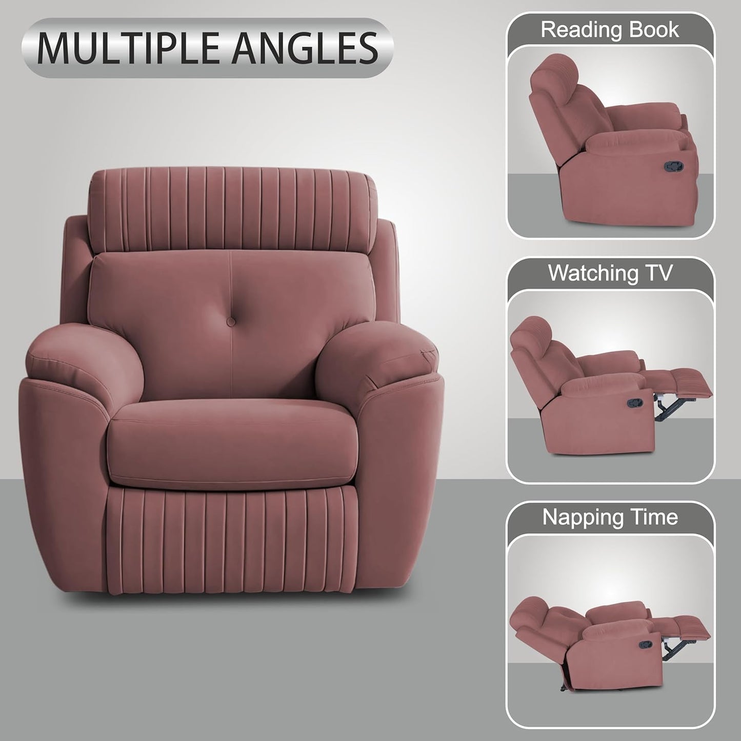 Adorn India Premium Majestic 1 Seater Recliner Manual Sofa Chair | Pink Suede Velvet Fabric | Soft Padded Back Rest & Handrest | Living Room Recliner Chair | 3 Years Warranty