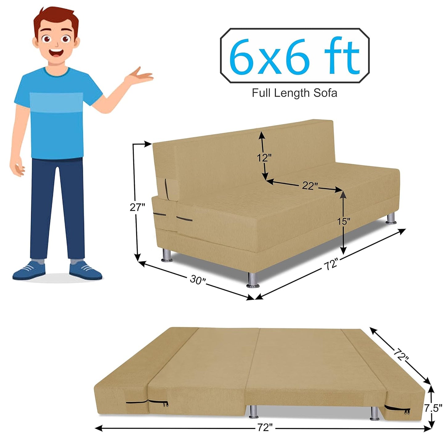Adorn India Wood Easy Alyn Plus Stripes 4-Person Sofa Cum Bed (6X6) (Beige)