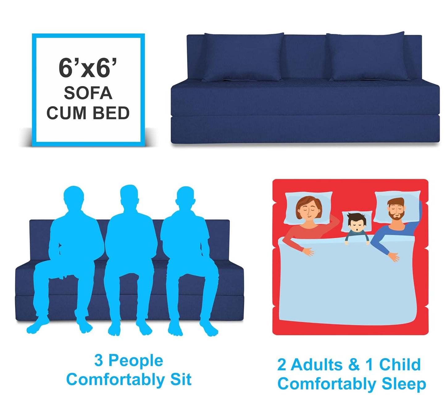 Adorn India Easy Three Seater Sofa Cum Bed Alyn 6'x 6' (Dark Blue)