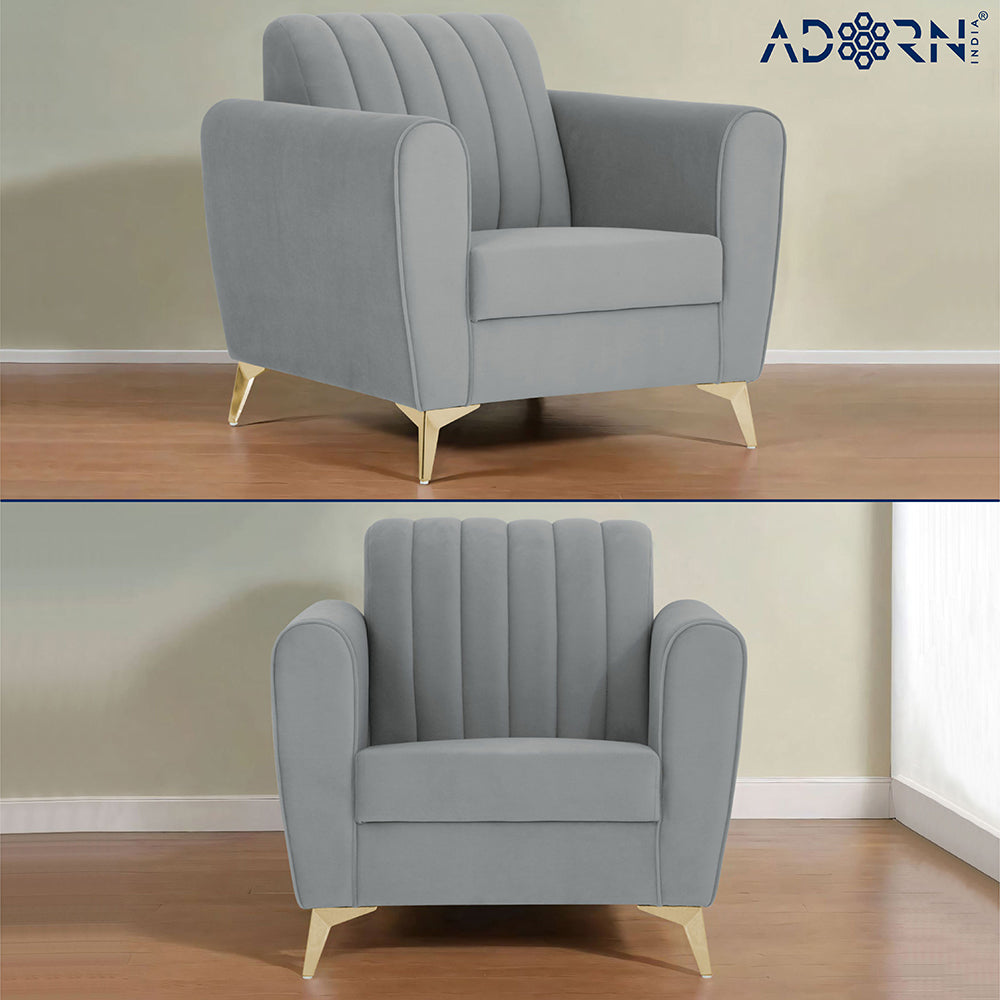 Adorn India Premium Luster 3+2+1 Sofa Set | Velvet Suede Fabric | 3-Year Warranty | Color Grey with Golden Legs & Striped Pattern Cushion