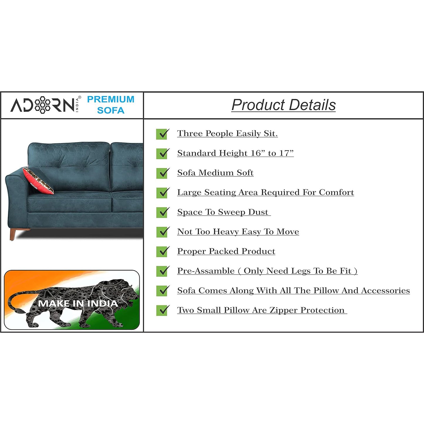 Adorn India Premium Aslaug 3-1-1 Sofa Set (Leatherette Suede Fabric Colour Blue)