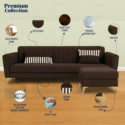 Adorn India Premium Luster 4 Seater L Shape Sofa Set | Velvet Suede Fabric | 3-Year Warranty | Color Grey Brown with Golden Legs & Striped Pattern Cushion