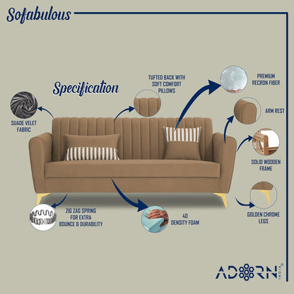 Adorn India Premium Luster 3-2-1 Sofa Set | Velvet Suede Fabric | 3-Year Warranty | Color Camel with Golden Legs & Striped Pattern Cushion