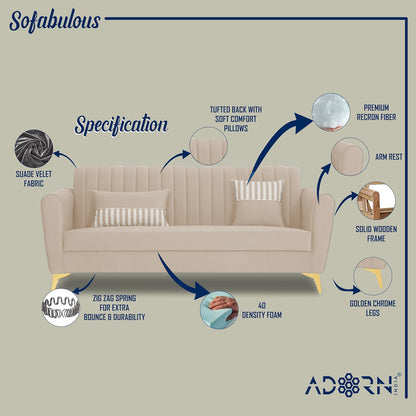 Adorn India Premium Luster 3-1-1 Sofa Set | Velvet Suede Fabric | 3-Year Warranty | Color Cream with Golden Legs & Striped Pattern Cushion