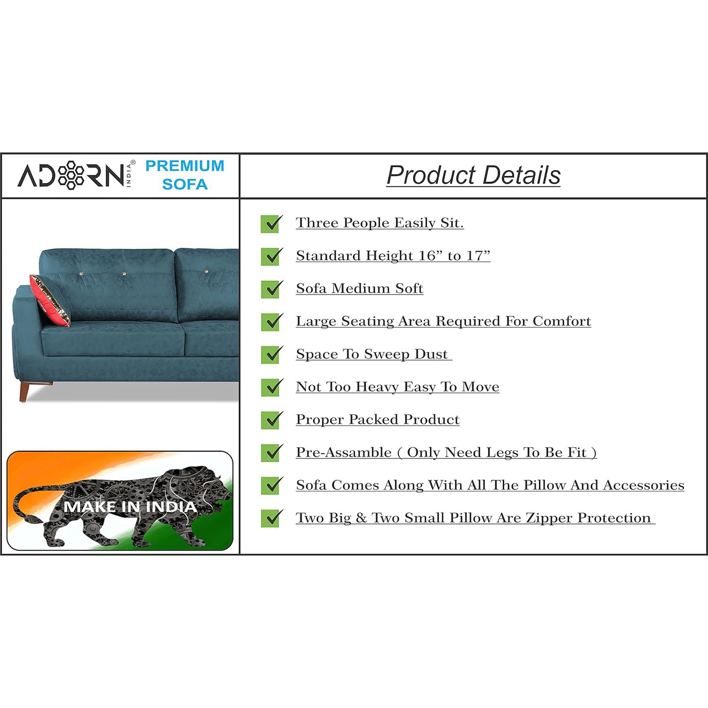 Adorn India Premium Phoenix 3 Seater Sofa (Leatherette Suede Fabric Colour Blue)