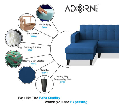 Adorn India Rio Elegant L Shape 8 Seater Sofa Set with Center Table and 2 Ottoman Puffy (LHS) (Blue) (3 Year Warranty)