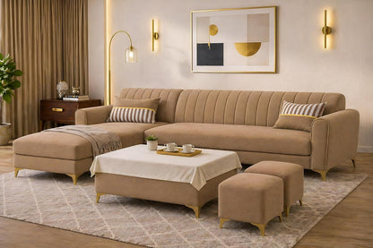 Adorn India Premium Luster 8 Seater L Shape Sofa Set with 2 Puffy & 1 Center Table | Velvet Suede Fabric | 3-Year Warranty | LHS | Camel with Golden Legs & Striped Pattern Cushion