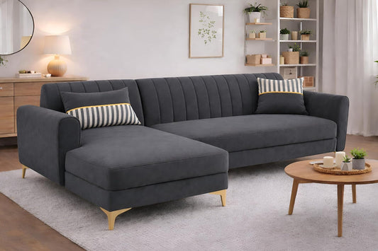 Adorn India Premium Luster 6 Seater L Shape Sofa Set | Velvet Suede Fabric | 3-Year Warranty | LHS |Color Dark Grey with Golden Legs & Striped Pattern Cushion