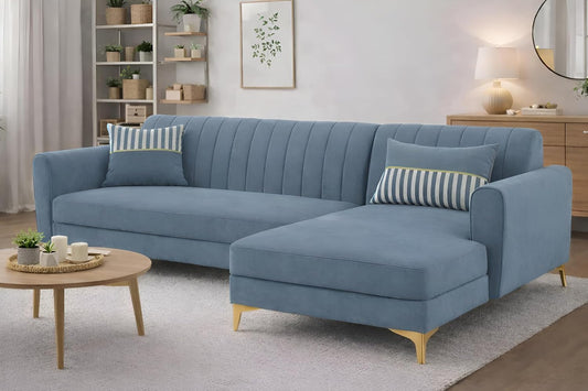 Adorn India Premium Luster 6 Seater L Shape Sofa Set | Velvet Suede Fabric | 3-Year Warranty | RHS |Color Grey with Golden Legs & Striped Pattern Cushion