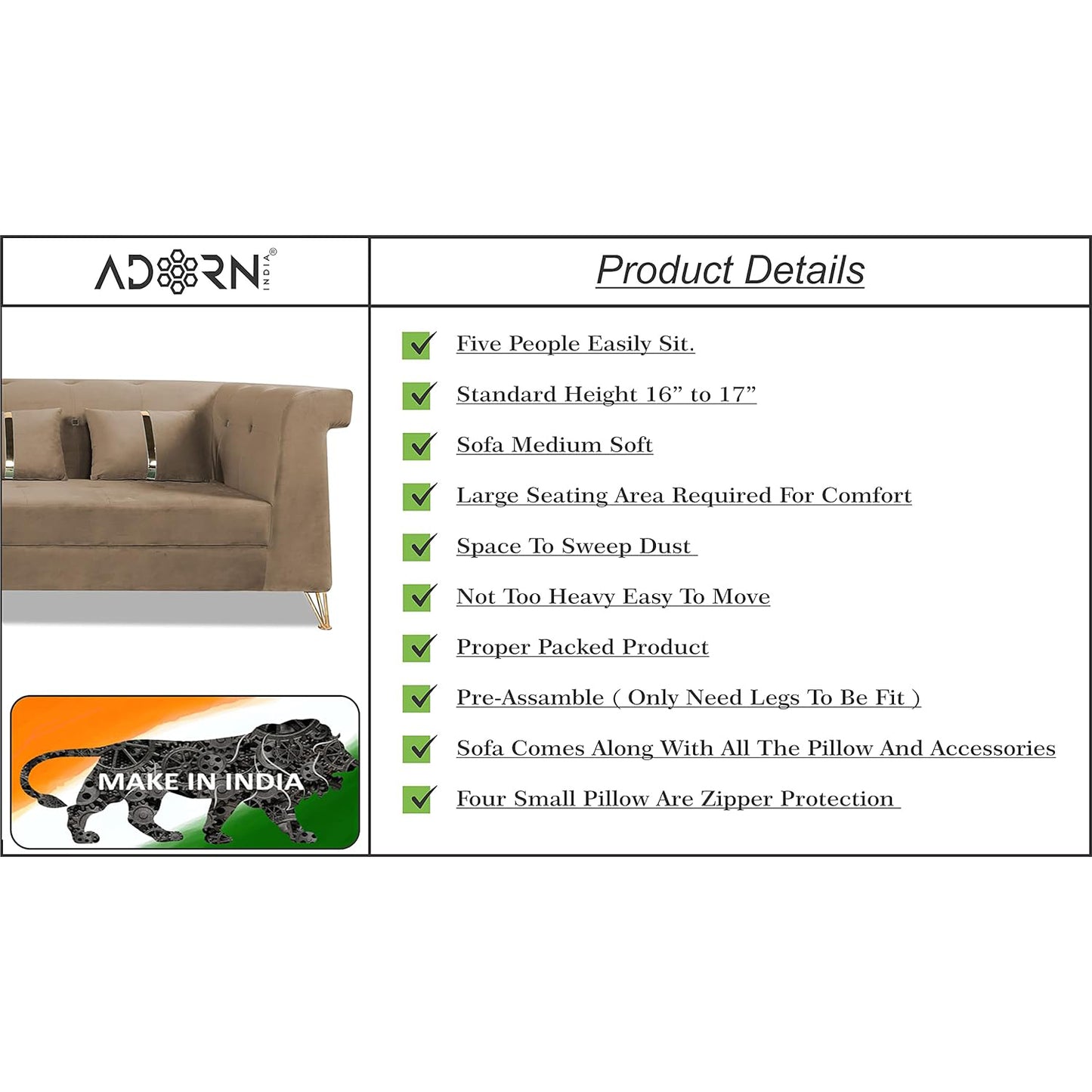 Adorn India Premium Raygan L Shape 6 Seater Sofa Set Left Side (Velvet Fabric Colour Camel)