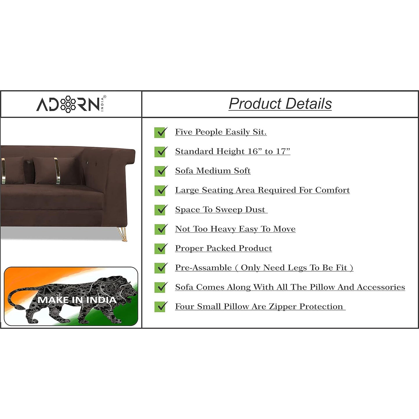 Adorn India Premium Raygan L Shape 6 Seater Sofa Set Left Side (Velvet Fabric Colour Brown)