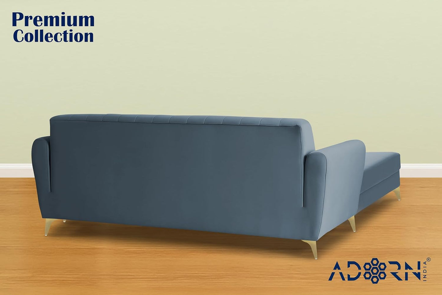 Adorn India Premium Luster 4 Seater L Shape Sofa Set | Velvet Suede Fabric | 3-Year Warranty | Color Grey with Golden Legs & Striped Pattern Cushion