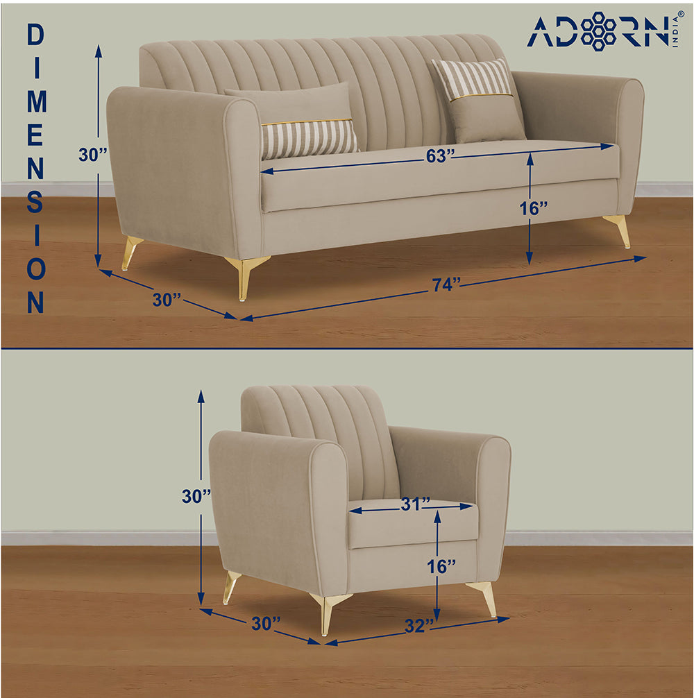 Adorn India Premium Luster 3-1-1 Sofa Set | Velvet Suede Fabric | 3-Year Warranty | Color Beige with Golden Legs & Striped Pattern Cushion