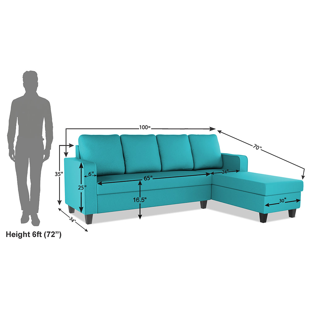 Adorn India Chandler Plain L Shape 6 Seater Sofa Set RHS (Aqua Blue) (3 Year Warranty)