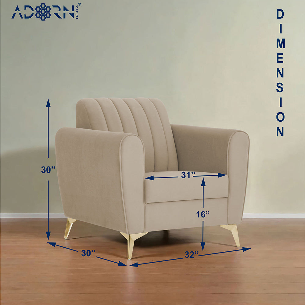 Adorn India Premium Luster 1 Seater | Velvet Suede Fabric | 3-Year Warranty | Color Beige with Golden Legs & Striped Pattern Cushion