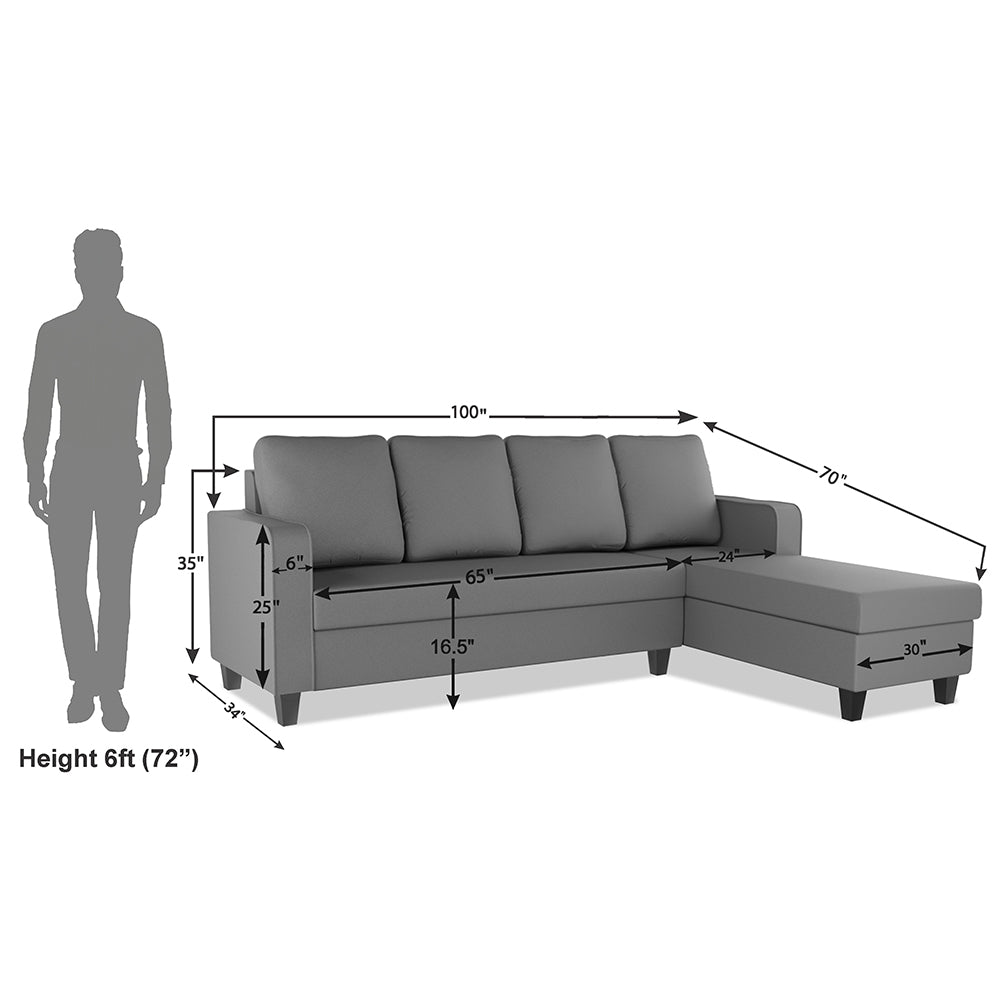Adorn India Chandler Plain L Shape 6 Seater Sofa Set RHS (Grey) (3 Year Warranty)