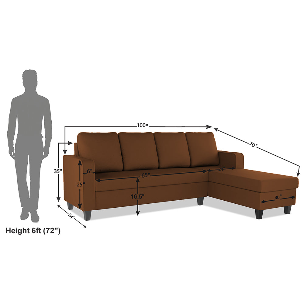 Adorn India Chandler Plain L Shape 6 Seater Sofa Set RHS (Brown) (3 Year Warranty)