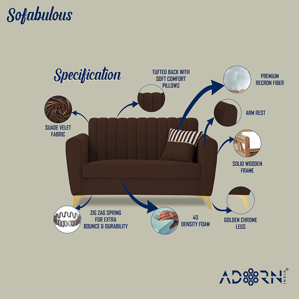 Adorn India Premium Luster 2 Seater | Velvet Suede Fabric | 3-Year Warranty | Color Brown with Golden Legs & Striped Pattern Cushion