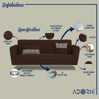 Adorn India Premium Luster 3-1-1 Sofa Set | Velvet Suede Fabric | 3-Year Warranty | Color Brown with Golden Legs & Striped Pattern Cushion