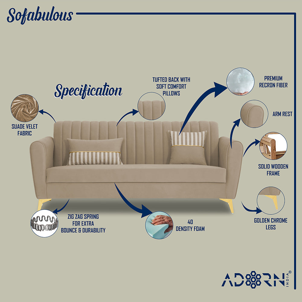 Adorn India Premium Luster 3-1-1 Sofa Set | Velvet Suede Fabric | 3-Year Warranty | Color Beige with Golden Legs & Striped Pattern Cushion