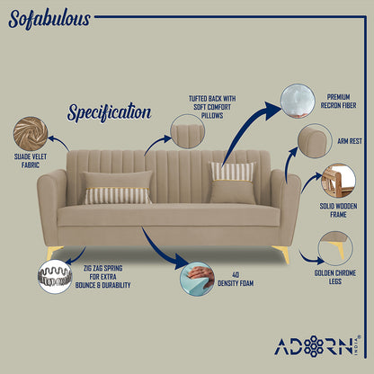 Adorn India Premium Luster 3-1-1 Sofa Set | Velvet Suede Fabric | 3-Year Warranty | Color Beige with Golden Legs & Striped Pattern Cushion