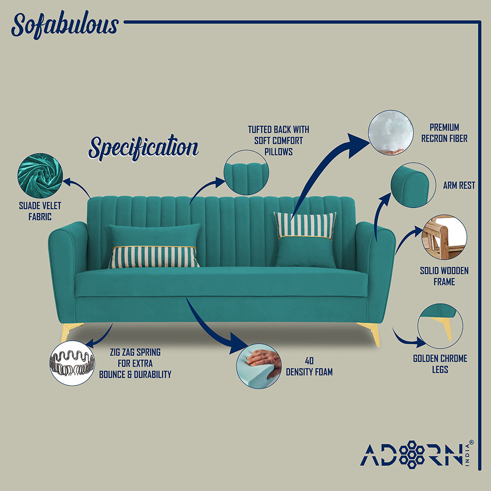 Adorn India Premium Luster 3-1-1 Sofa Set | Velvet Suede Fabric | 3-Year Warranty | Color Aqua Blue with Golden Legs & Striped Pattern Cushion
