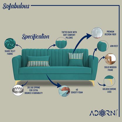 Adorn India Premium Luster 3-2-1 Sofa Set | Velvet Suede Fabric | 3-Year Warranty | Color Aqua Blue with Golden Legs & Striped Pattern Cushion