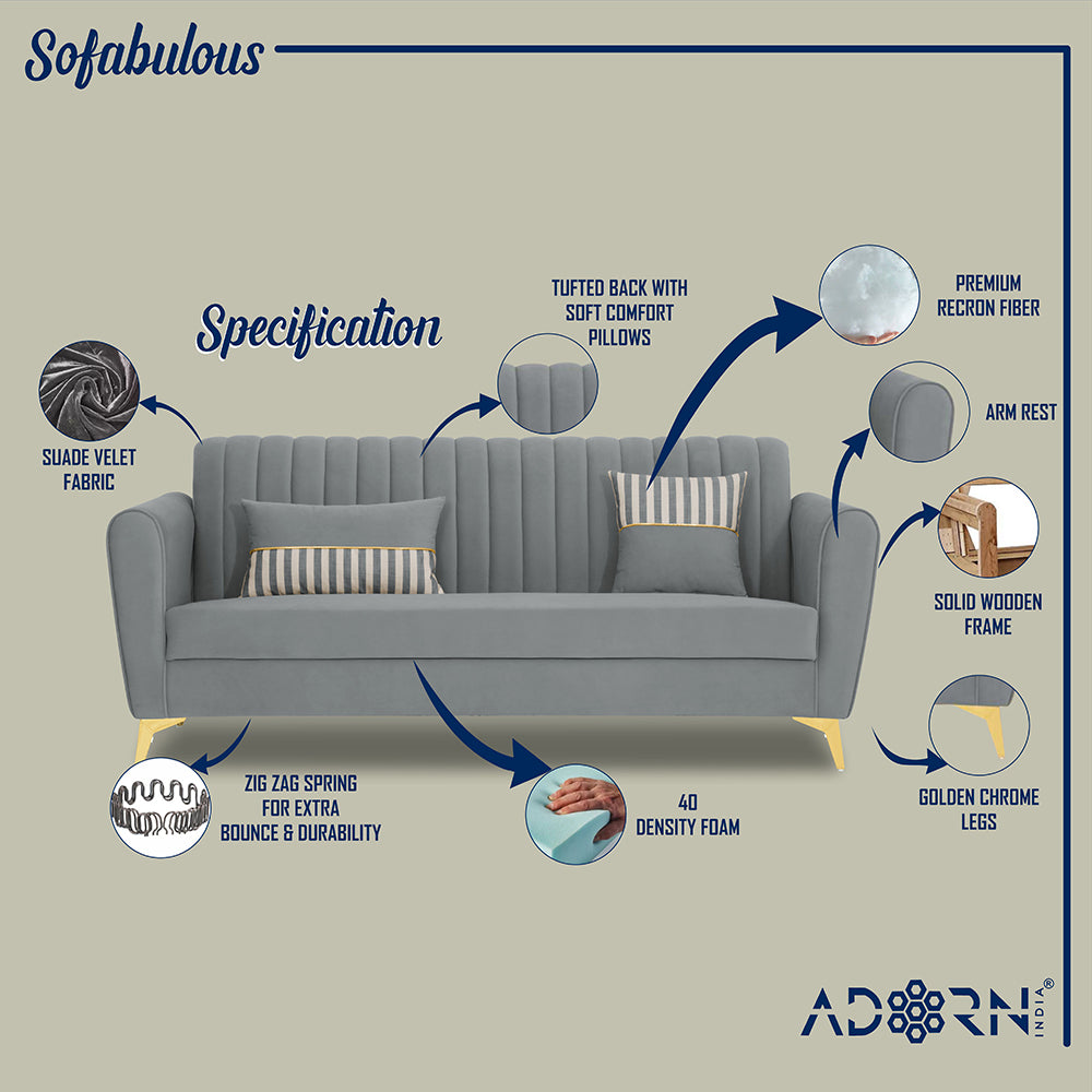 Adorn India Premium Luster 3 Seater | Velvet Suede Fabric | 3-Year Warranty | Color Grey with Golden Legs & Striped Pattern Cushion