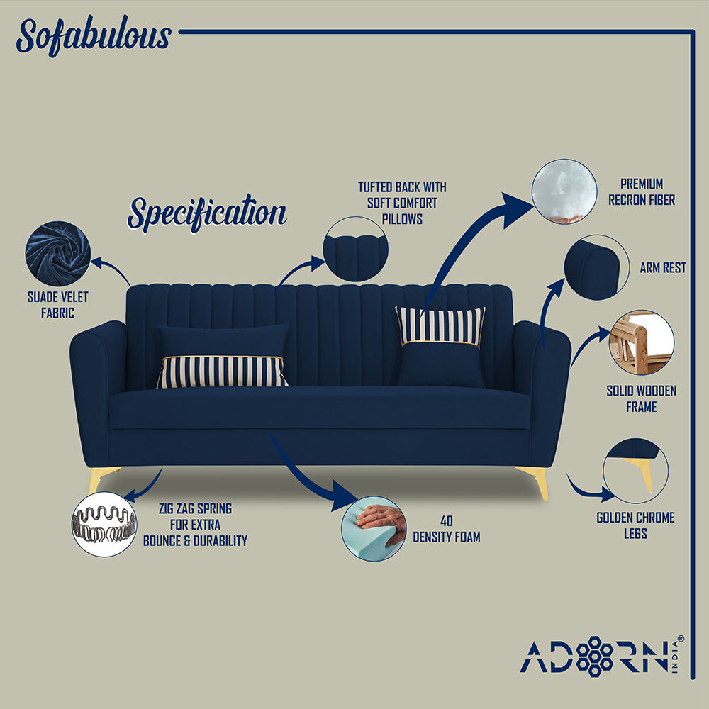 Adorn India Premium Luster 3-2-1 Sofa Set | Velvet Suede Fabric | 3-Year Warranty | Color Blue with Golden Legs & Striped Pattern Cushion