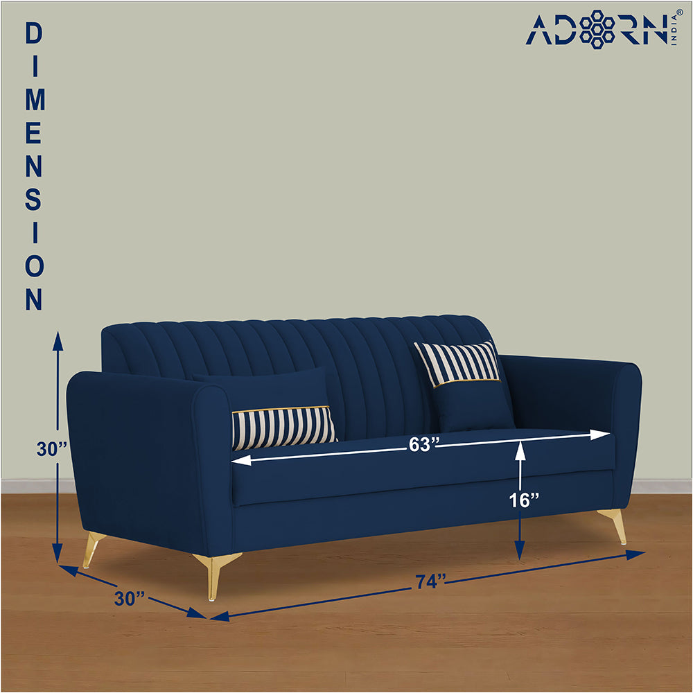 Adorn India Premium Luster 3 Seater | Velvet Suede Fabric | 3-Year Warranty | Color Blue with Golden Legs & Striped Pattern Cushion