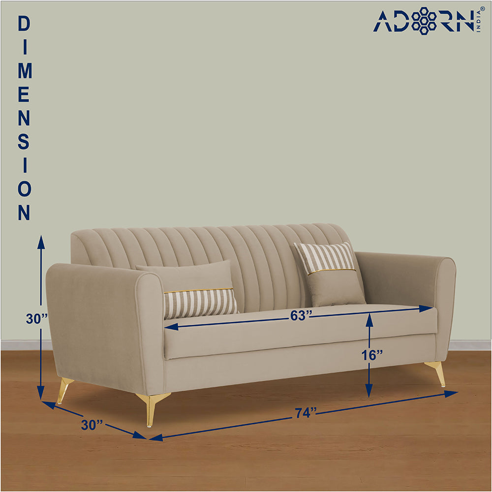 Adorn India Premium Luster 3 Seater | Velvet Suede Fabric | 3-Year Warranty | Color Beige with Golden Legs & Striped Pattern Cushion