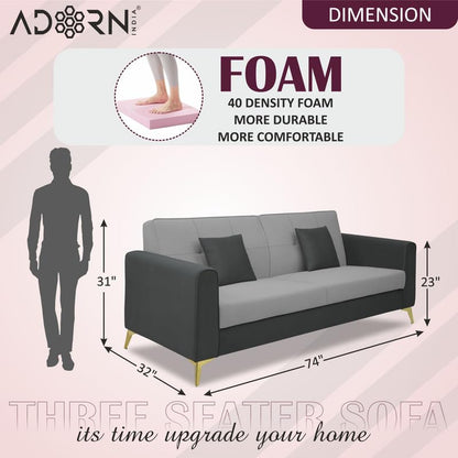 Adorn India Premium Harlem 3 Seater Sofa | Velvet Suede Upholstery | 3-Year Warranty | Dark Grey & Grey with Gold Legs & Cushion