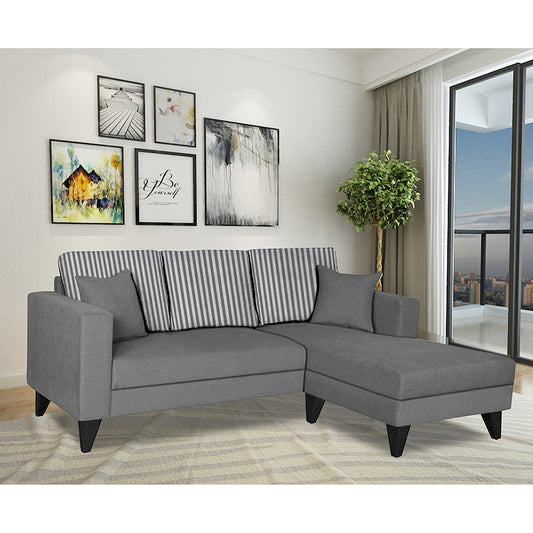 Adorn India Hector Stripes L Shape 4 Seater Sofa Set (Right Hand Side) (Grey) Martin Plus (3 Year Warranty)