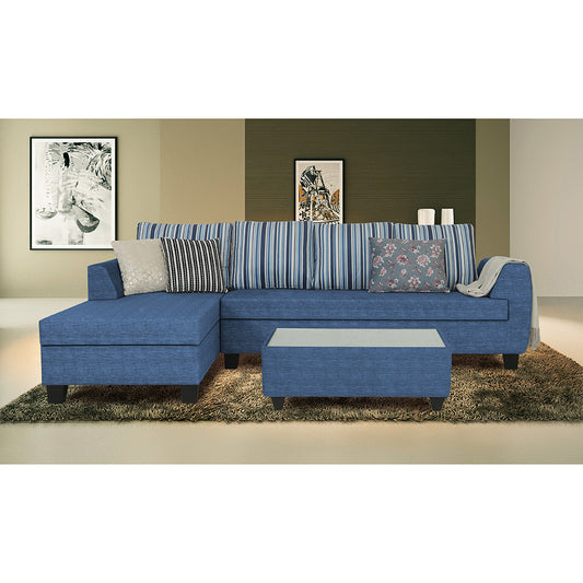Adorn India Raiden Stripes L Shape 6 Seater Sofa Set with Center Table (Left Hand Side) (Blue) (3 Year Warranty)