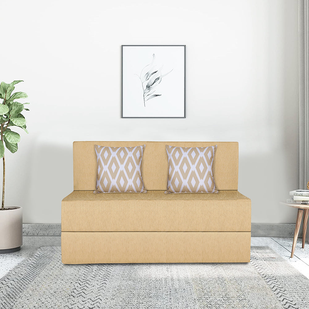 Adorn India Easy 2 Seater Sofa Cum Bed (Rhombus Pattern) Chennile Fabric - Washable Cover - Including 2 Cushion - Size 4' x 6' Ft (Beige Color) Perfect for Home & Office for Guests