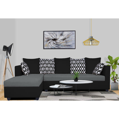 Adorn India Zink Straight line L Shape 6 Seater Sofa Rhombus Cushion (Left Side Handle)(Grey & Black)