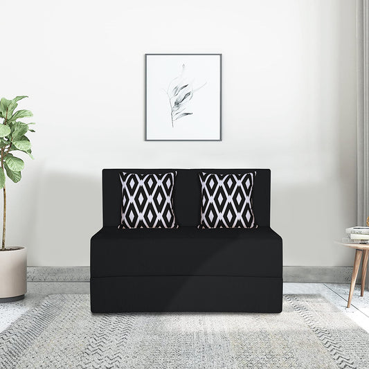 Adorn India Easy 2 Seater Sofa Cum Bed (Rhombus Pattern) Chennile Fabric - Washable Cover - Including 2 Cushion - Size 3' x 6' Ft (Black Color) Perfect for Home & Office for Guests