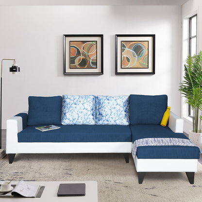 Adorn India Ashley Leatherette Fabric L Shape 6 Seater Sofa Set Digitel Print (Right Hand Side) (Blue & White) (3 Year Warranty)