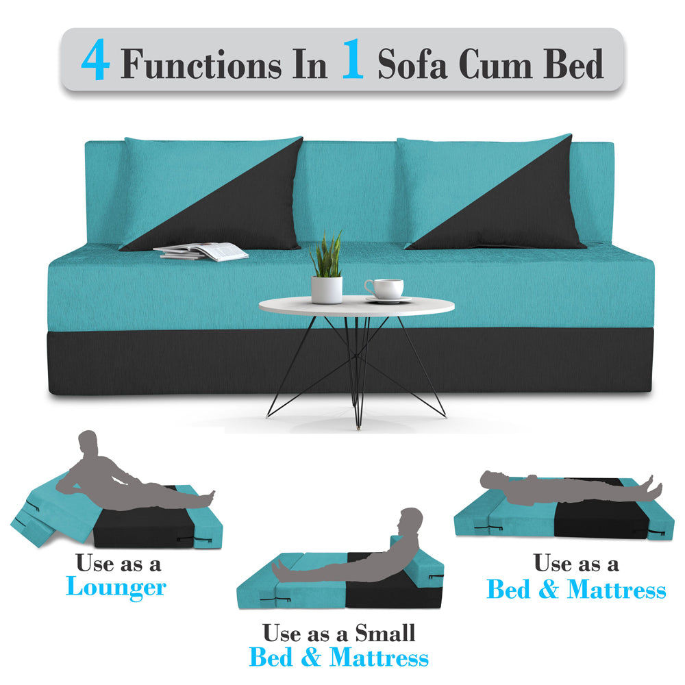 Adorn India Foam Easy Desmond 4 Seater Sofa Cum Bed 6 X 6 (Aqua Blue & Black) (1 Year Warranty)
