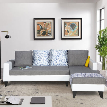 Adorn India Ashley Leatherette Fabric L Shape 6 Seater Sofa Set Digitel Print (Right Hand Side) (Grey & White) (3 Year Warranty)