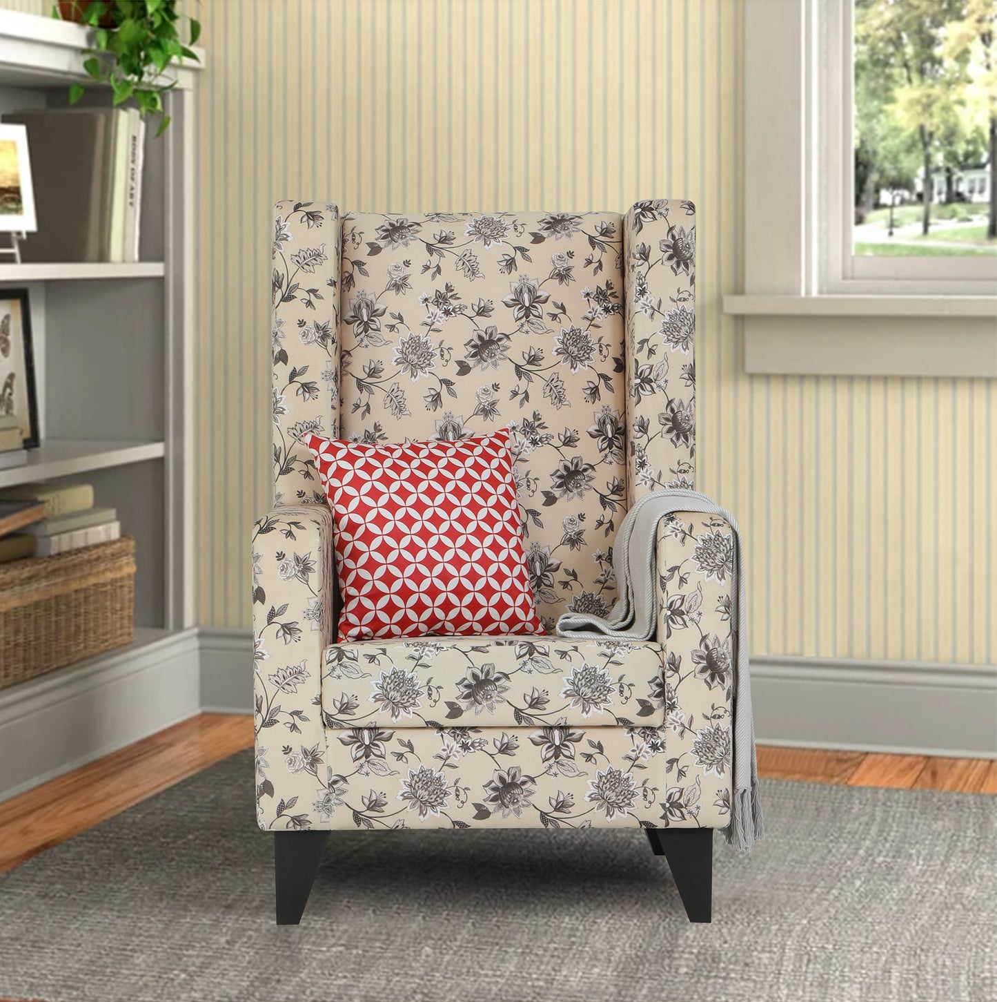 Adorn India Christopher 1 Seater Wing Chair Floral Print (Beige)
